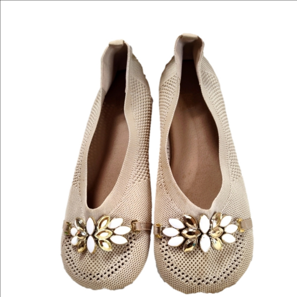 Niewter Khaki Rhinestone Floral Mesh Ballet Flats Size 9.5